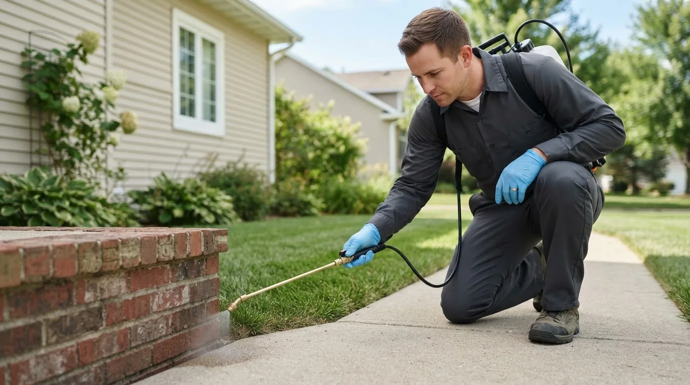 Pest control technician treating a home near Sharon, ND