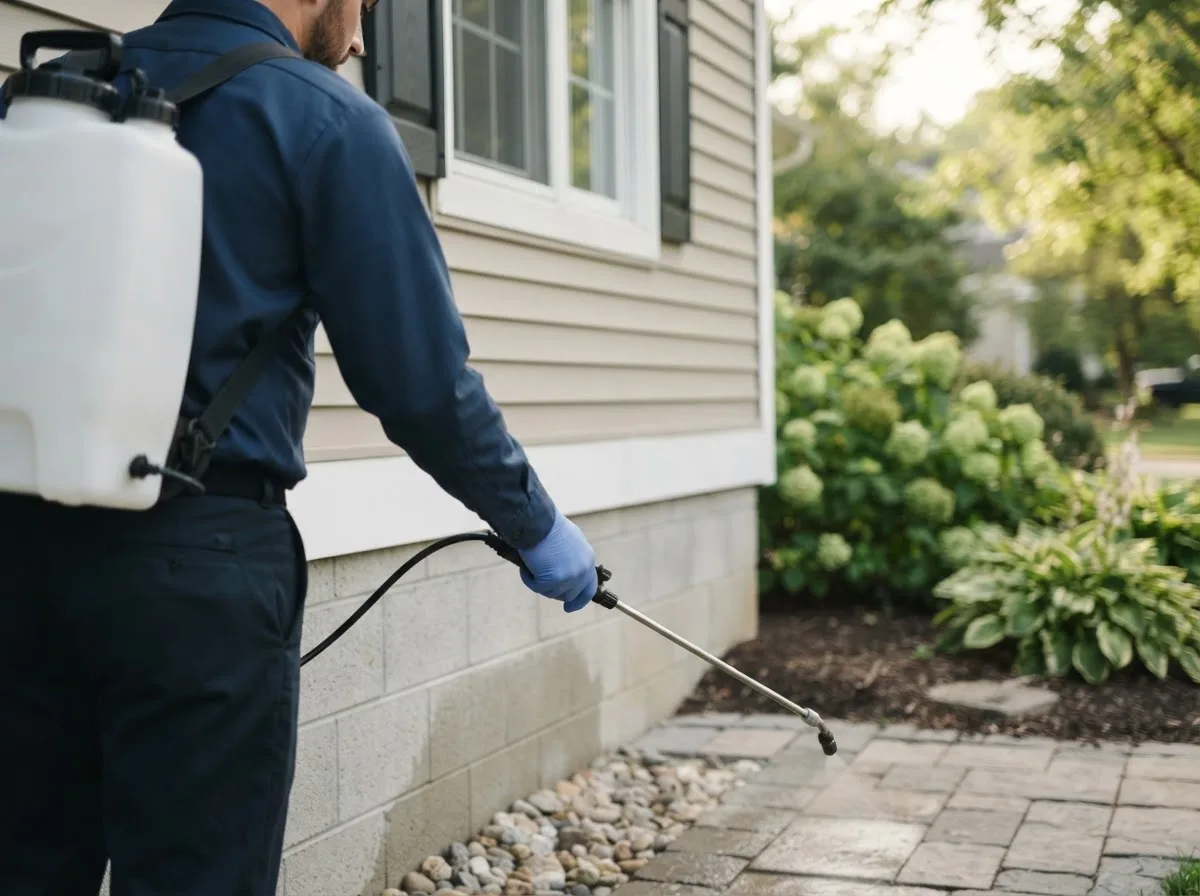 Pest control technician inspecting a home in Sharon, ND